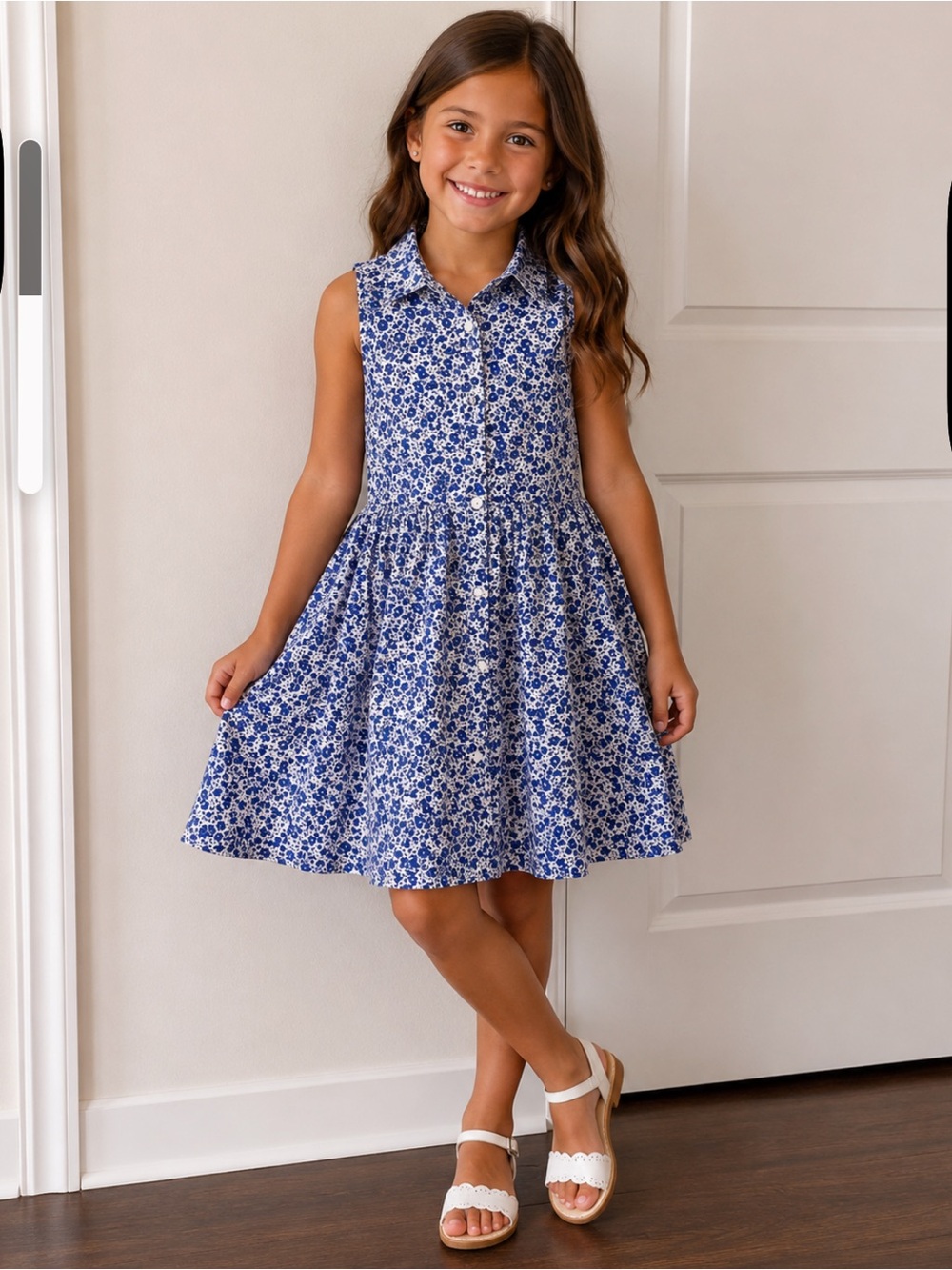 Polo Ralph Lauren Girls' Blue Floral Sleeveless Collared Button-Front Dress